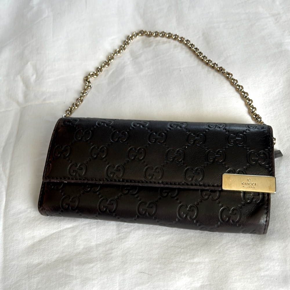 Gucci dark brown wallet w/chain